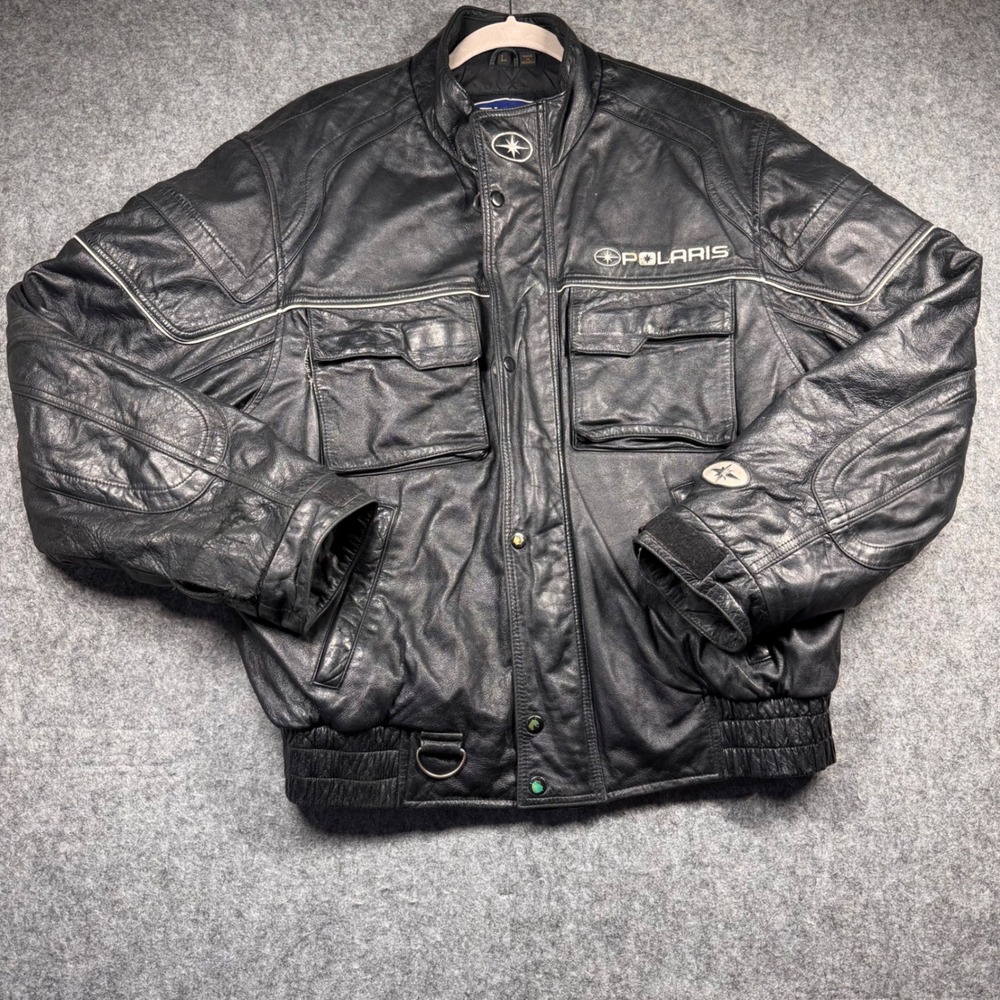 Polaris Leather Riding Jacket Mens Large Black Quilted Lined Vintage Distressed